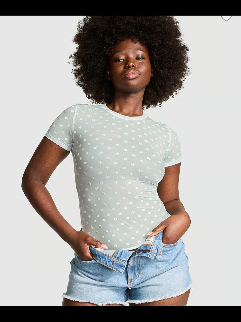 PINK Victoria's Secret Sheer Light Sage Short Sleeve Floral Tee